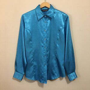 VTG Cyan Blue Satin Button Up Dress Shirt M Canadian Disco Futurism